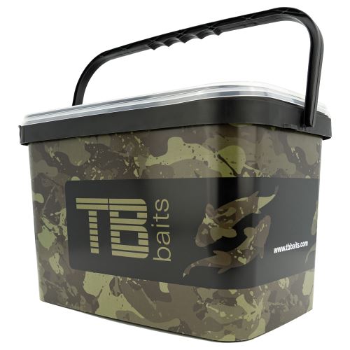 Rectangular shaped plastic bucket with Camo Carps design from TB Baits.