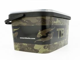 Rectangular shaped plastic bucket with Camo Carps design from TB Baits.