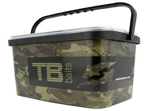 Rectangular shaped plastic bucket with Camo Carps design from TB Baits.